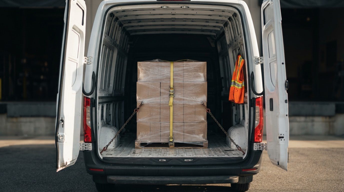 Looking straight in through the swung-open rear doors of a clean, well-kept white cargo van parked square on dry asphalt